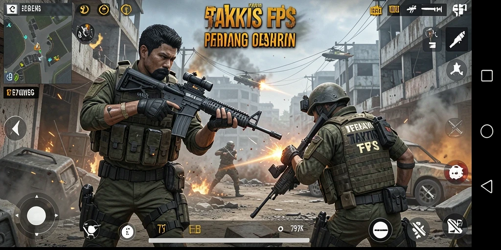 Tangkapan layar utama 797K menunjukkan aksi tembak-menembak yang seru.