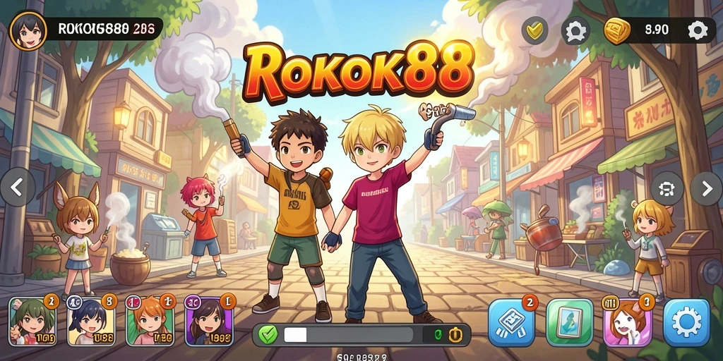 Tampilan utama gameplay ROKOK88 yang seru dan penuh warna.